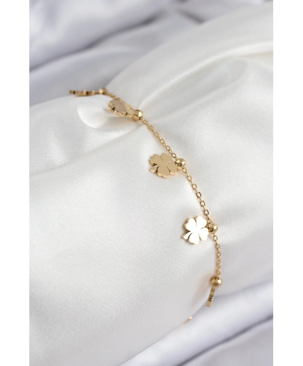 316L Çelik Sıralı Yonca Model Gold Renk Kadın Bileklik