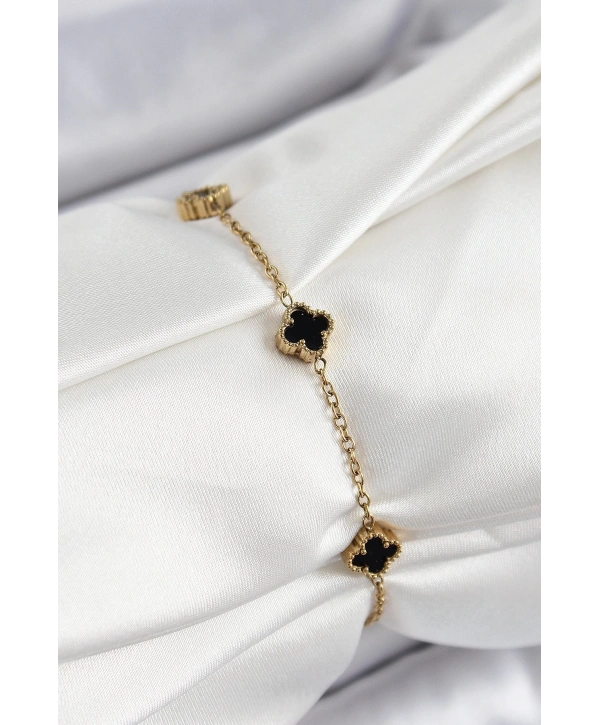 316L Çelik Siyah Sedef Yonca Model Gold Renk Kadın Bileklik