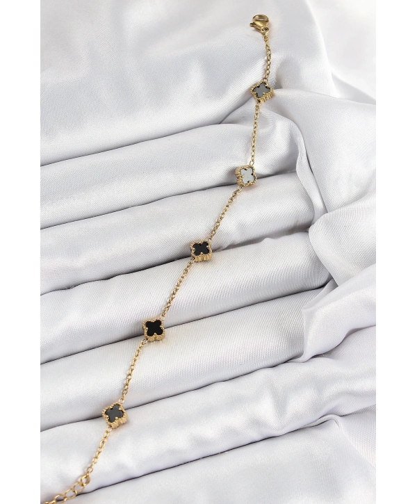 316L Çelik Siyah Sedef Yonca Model Gold Renk Kadın Bileklik