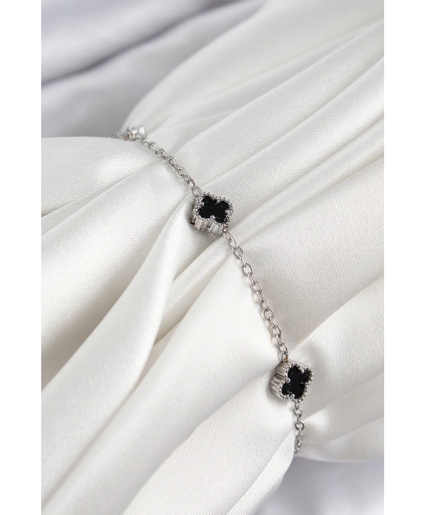 316L Çelik Siyah Sedef Yonca Model Gümüş Renk Kadın Bileklik