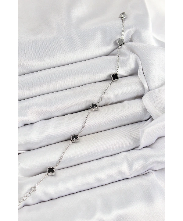 316L Çelik Siyah Sedef Yonca Model Gümüş Renk Kadın Bileklik