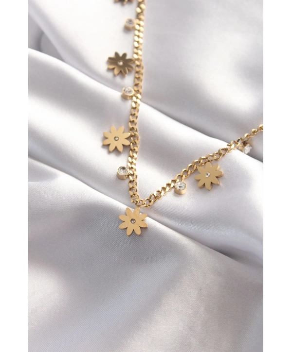 316L Çelik Taşlı Gold Renk Çoklu Çiçek Kolye