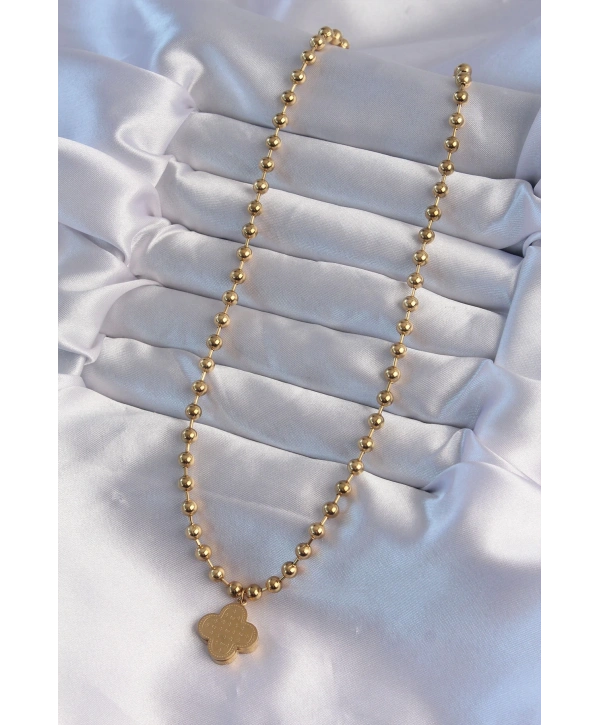 316L Çelik Top Zincirli Gold Renk İşlemeli Yonca Model Kolye