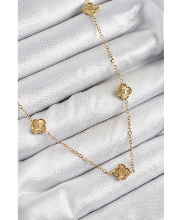 316L Çelik Yonca Model Gold Renk Kadın Kolye