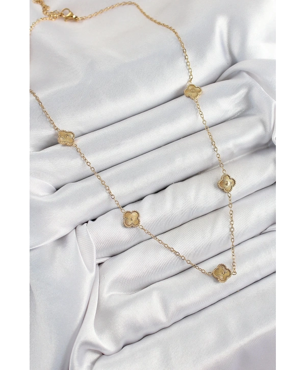 316L Çelik Yonca Model Gold Renk Kadın Kolye