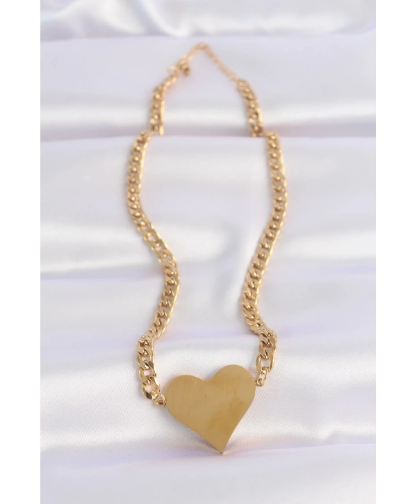 316L Çelik Zincir Altın Renk Düz Plaka Kalp Kolye