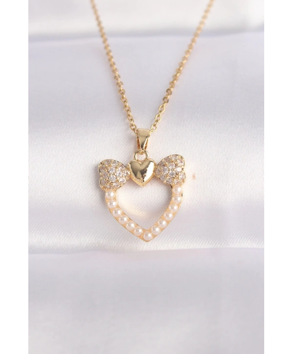 316L Çelik Zincir Altın Renk İnci Taş Detay Zirkon Taşlı Kalp Kolye