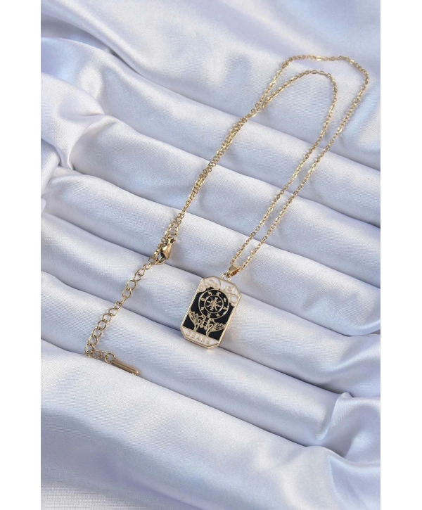 316L Çelik Zincir Altın Renk İşlemeli Siyah Mineli Tarot Kolye