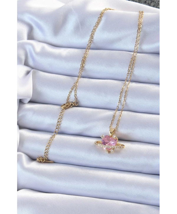 316L Çelik Zincir Altın Renk Pembe Zirkon Taşlı Satürn Görünümlü Kalp Kolye
