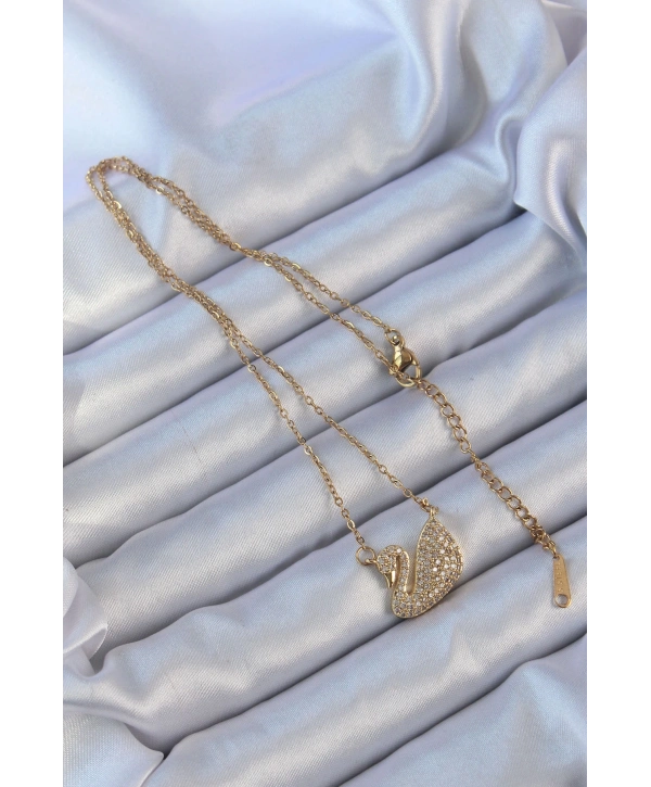 316L Çelik Zincir Altın Renk Zirkon Taşlı Kuğu Kolye