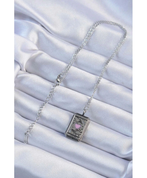 316L Çelik Zincir Eskitme Gümüş Renk Pembe Mineli Kalp Figürlü Tarot Kolye