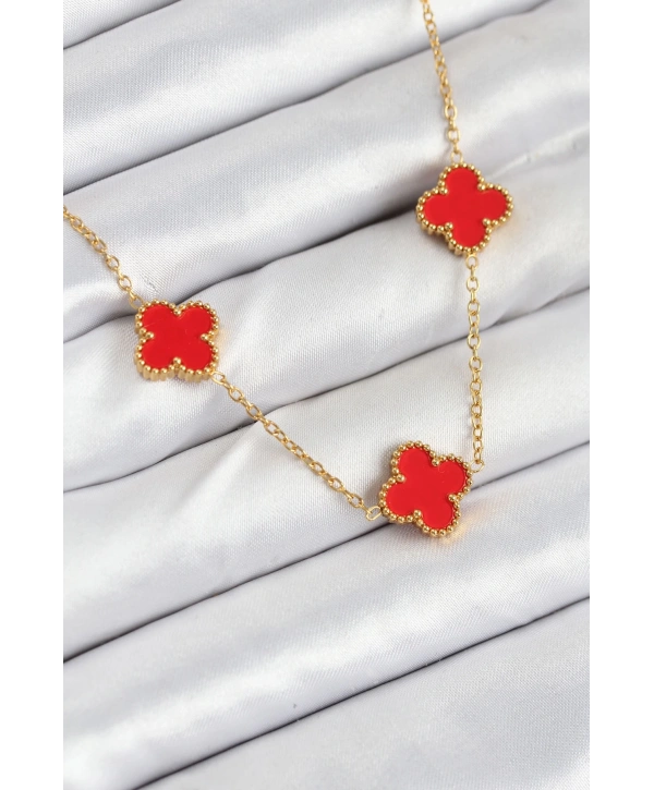 316L Çelik Zincir Gold Kırmızı Renk Yonca Kadın Kolye