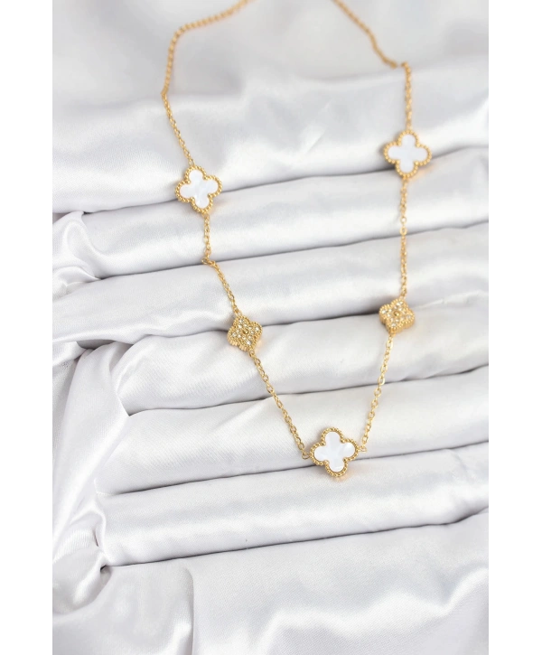 316L Çelik Zincir Gold Renk Beyaz ve Zirkon Taşlı Yonca Kadın Kolye