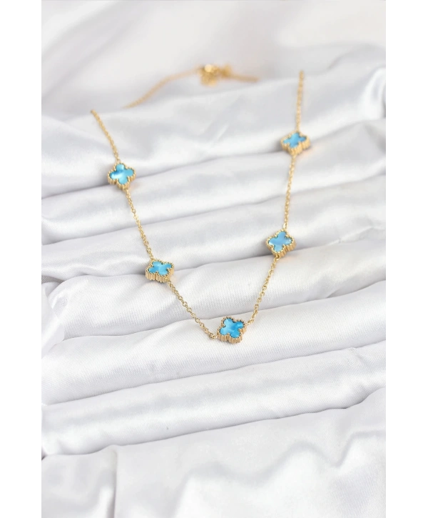 316L Çelik Zincir Gold Renk Buz Mavisi Baby Boy Yonca Kadın Kolye