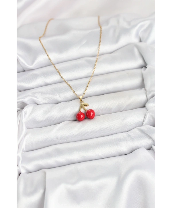 316L Çelik Zincir Gold Renk Kiraz Model Kadın Kolye