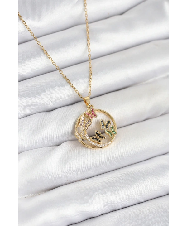 316L Çelik Zincir Gold Renk Zirkon Taşlı Kelebekli Kadın Kolye