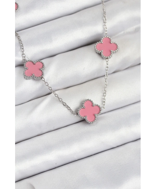 316L Çelik Zincir Gümüş Pembe Renk Yonca Kadın Kolye