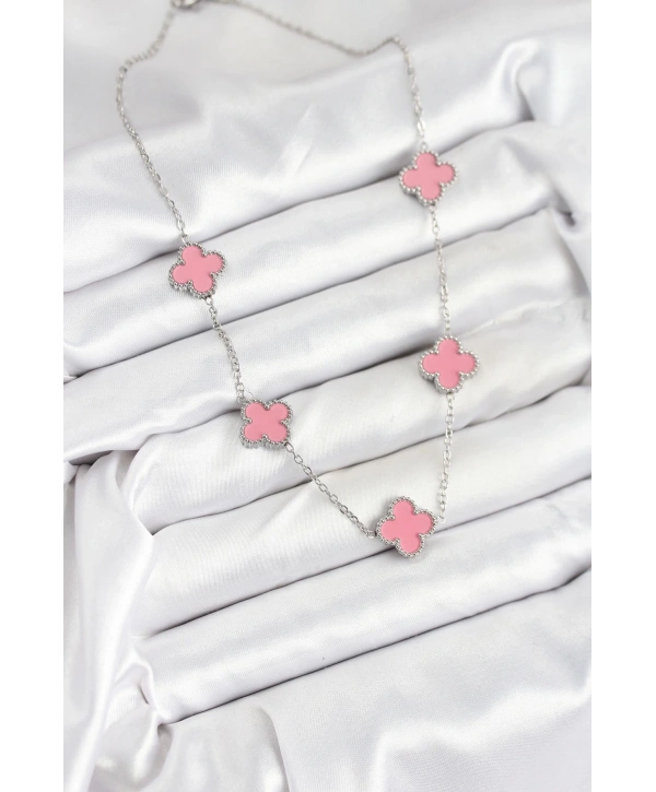 316L Çelik Zincir Gümüş Pembe Renk Yonca Kadın Kolye