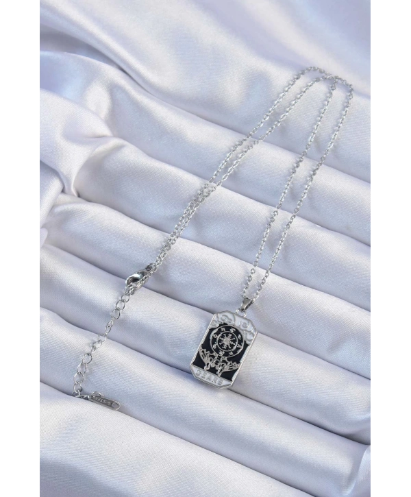 316L Çelik Zincir Gümüş Renk İşlemeli Siyah Mineli Tarot Kolye
