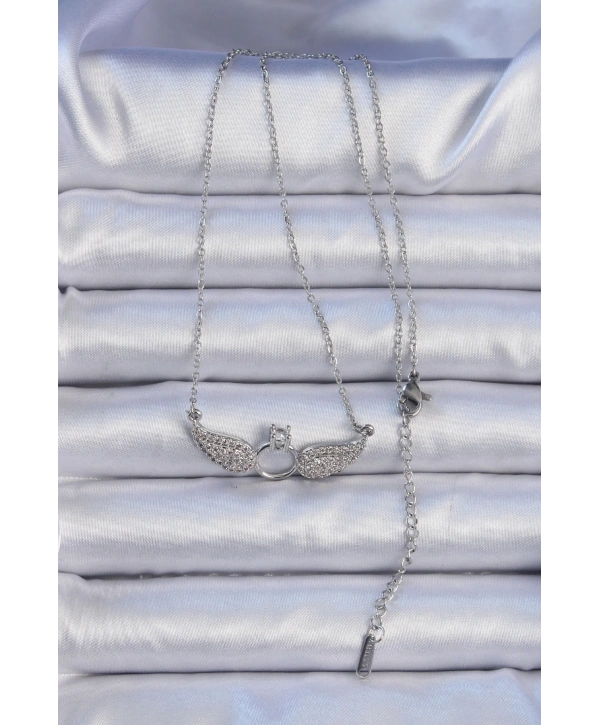 316L Çelik Zincir Gümüş Renk Kanatlı Tektaş Kolye