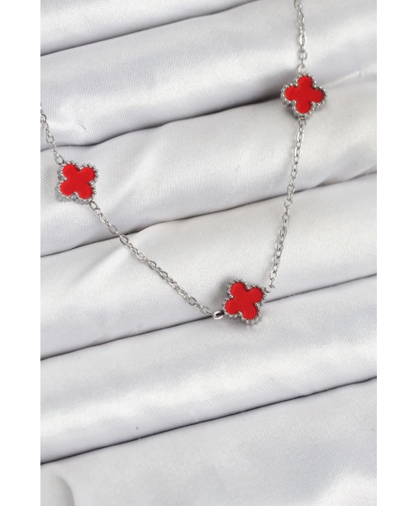 316L Çelik Zincir Gümüş Renk Kırmızı Baby Boy Yonca Kadın Kolye