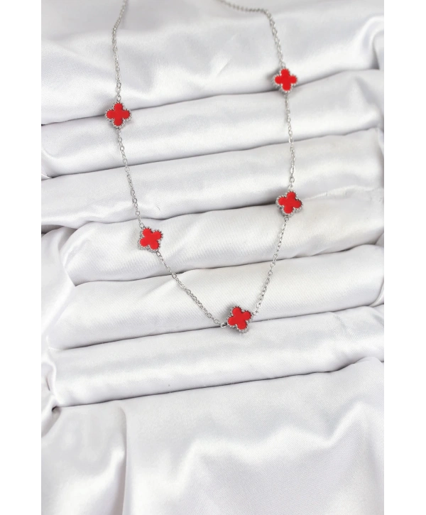 316L Çelik Zincir Gümüş Renk Kırmızı Baby Boy Yonca Kadın Kolye