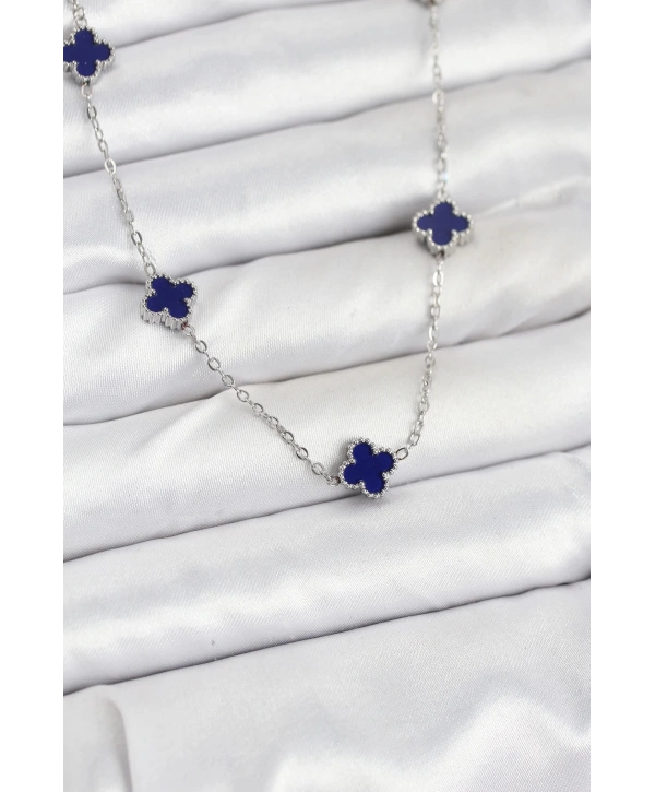 316L Çelik Zincir Gümüş Renk Lacivert Baby Boy Yonca Kadın Kolye