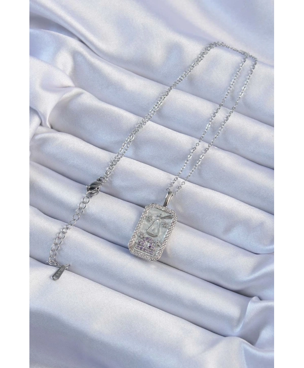 316L Çelik Zincir Gümüş Renk Lila Zirkon Taşlı Tarot Kolye