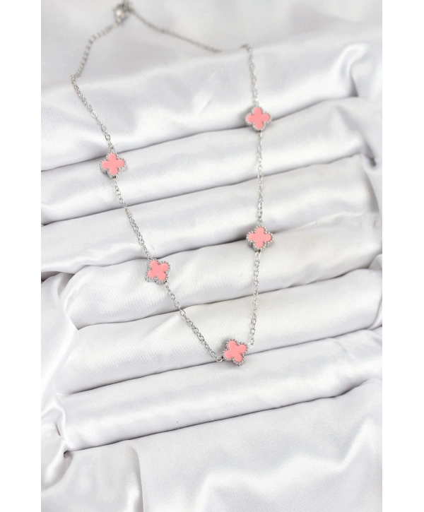 316L Çelik Zincir Gümüş Renk Pembe Baby Boy Yonca Kadın Kolye
