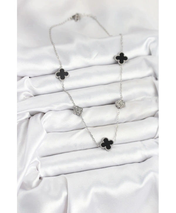 316L Çelik Zincir Gümüş Renk Siyah ve Zirkon Taşlı Yonca Kadın Kolye