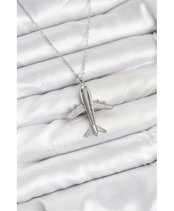 316L Çelik Zincir Gümüş Renk Uçak Model Kadın Kolye