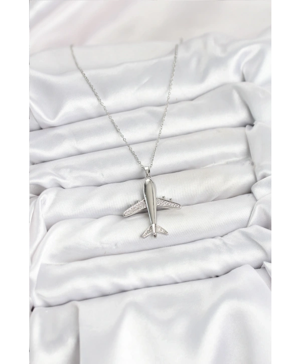 316L Çelik Zincir Gümüş Renk Uçak Model Kadın Kolye