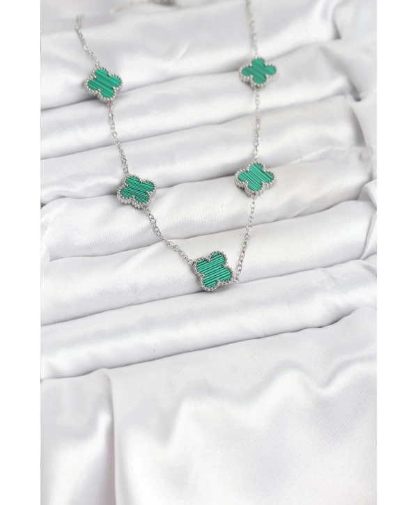 316L Çelik Zincir Gümüş Renk Yeşil Yonca Kadın Kolye