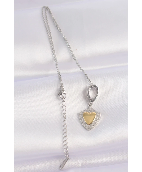 316L Çelik Zincir Gümüş Renk Zirkon Taşlı Tasarım Altın Renk Kalp Kolye