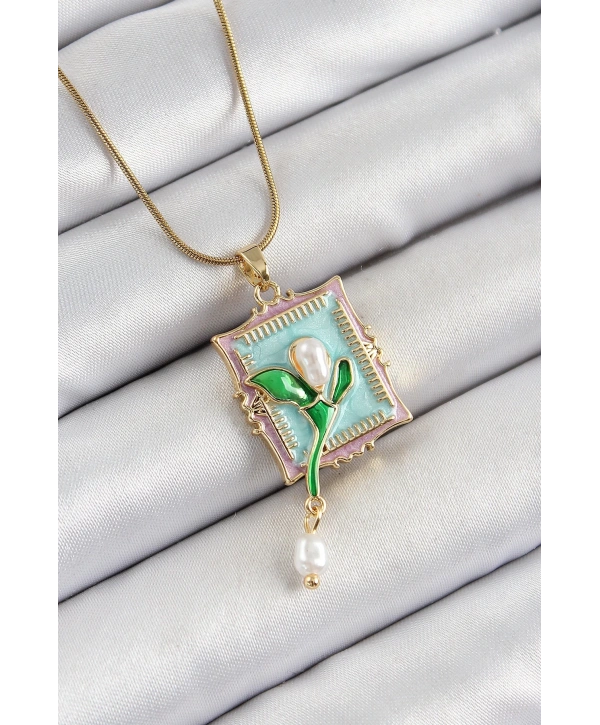 316L Çelik Zincir Turkuaz Sanatsal Portre Sallantılı İnci Detaylı Lale Model Gold Renk Kadın Kolye