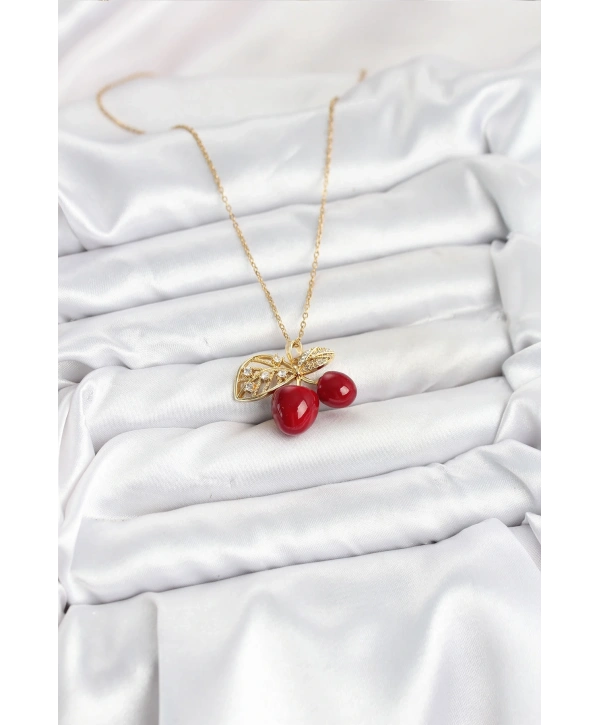 316L Çelik Zincir Yapraklı Kiraz Model Gold Renk Kadın Kolye