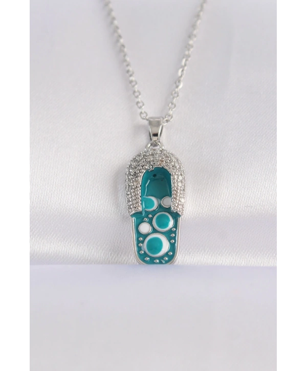 316L Çelik Zincir Zirkon Taşlı Gümüş Renk Nazarlı Terlik Tasarımlı Kolye