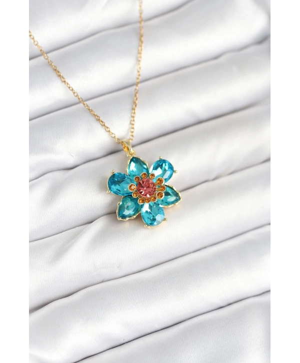 316L Çelik Zincirli Mavi Çiçek Model Kadın Kolye
