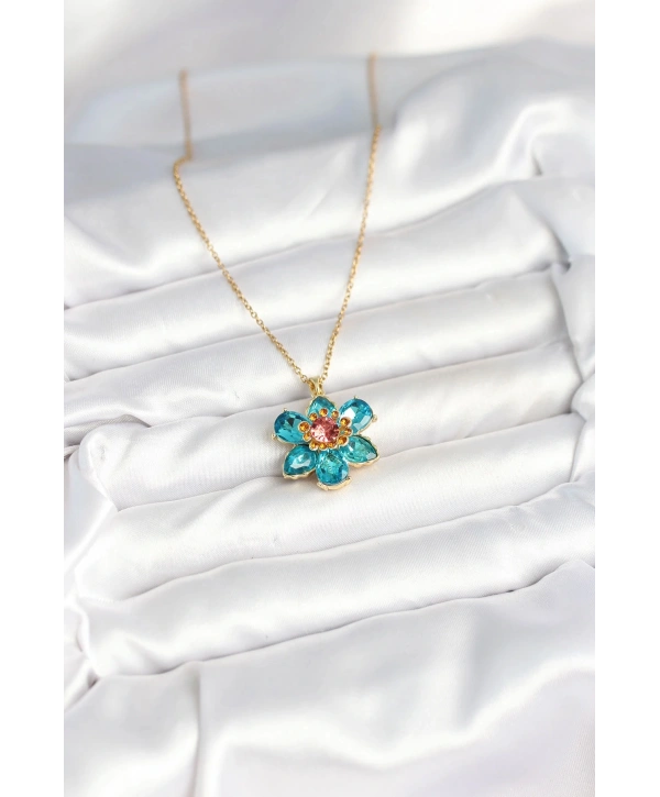 316L Çelik Zincirli Mavi Çiçek Model Kadın Kolye