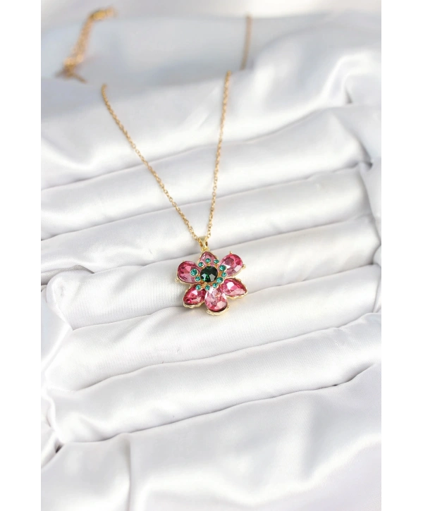 316L Çelik Zincirli Pembe Çiçek Model Kadın Kolye