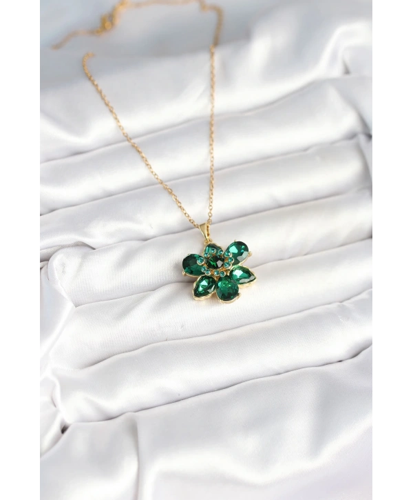 316L Çelik Zincirli Yeşil Çiçek Model Kadın Kolye