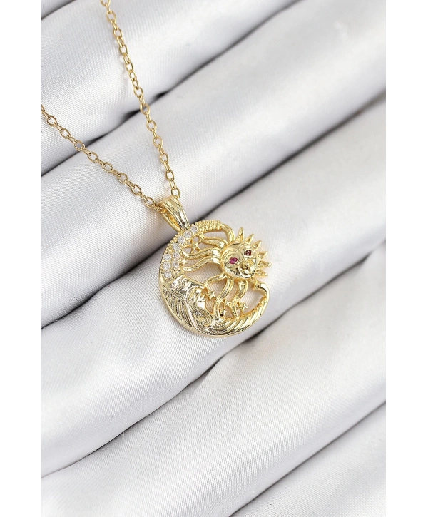 316L Çelik Zirkon Taşlı Ay Ve Güneş Model Gold Renk Kadın Kolye