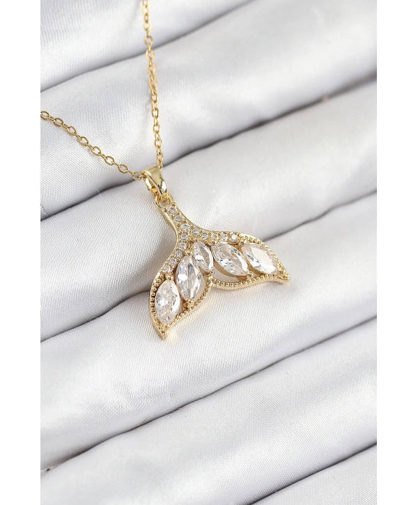 316L Çelik Zirkon Taşlı Balık Kuyruğu Model Gold Renk Kadın Kolye