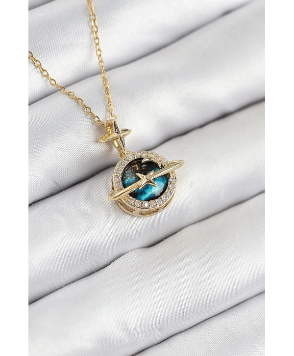 316L Çelik Zirkon Taşlı Gezegen Model Gold Renk Kadın Kolye