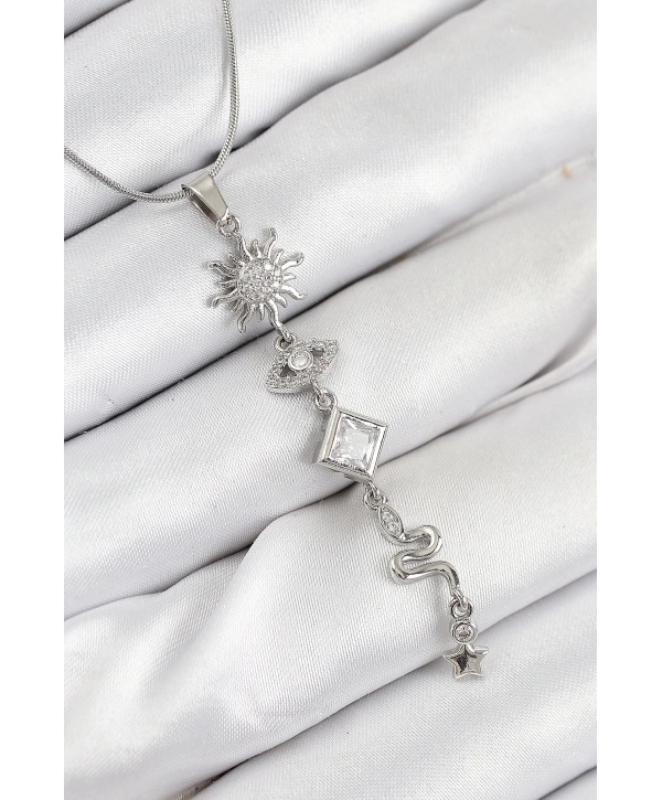 316L Çelik Zirkon Taşlı Güneş Ve Ay Enerji Model Gümüş Renk Kadın Kolye