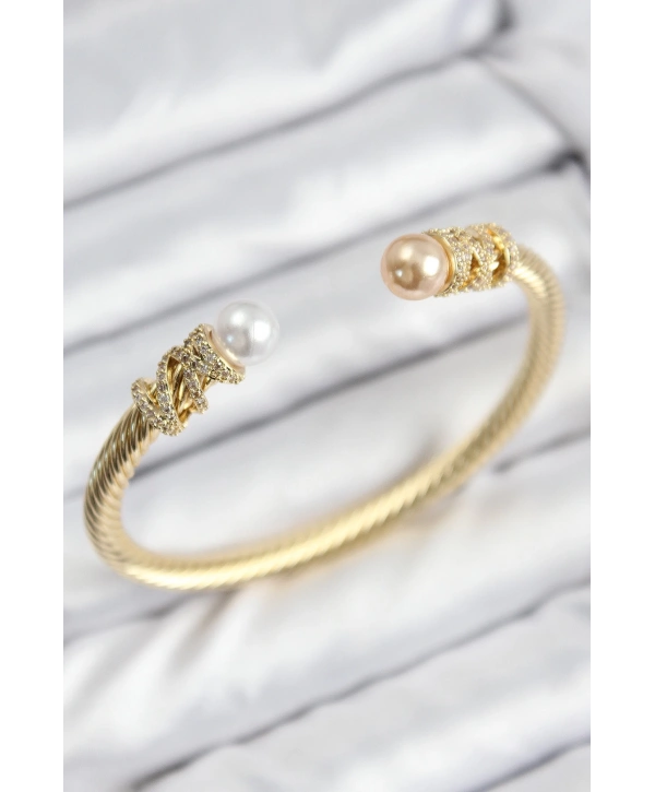 316L Çelik Zirkon Taşlı İnci Model Gold Renk Kadın Bileklik