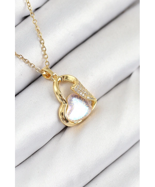 316L Çelik Zirkon Taşlı Kalp Model Gold Renk Kadın Kolye