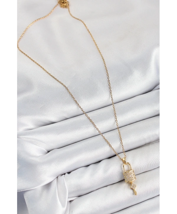 316L Çelik Zirkon Taşlı Kilit Ve Sallantılı Anahtar Model Gold Renk Kadın Kolye