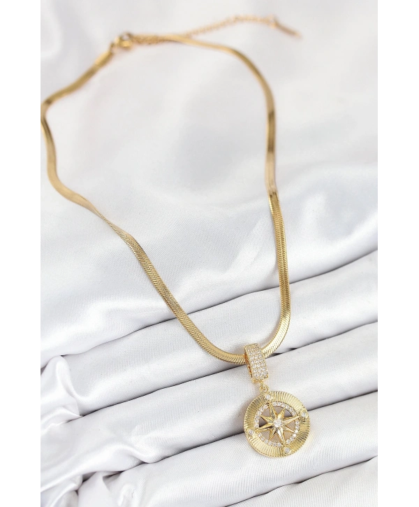 316L Çelik Zirkon Taşlı Pusula Model Gold Renk Kadın Kolye