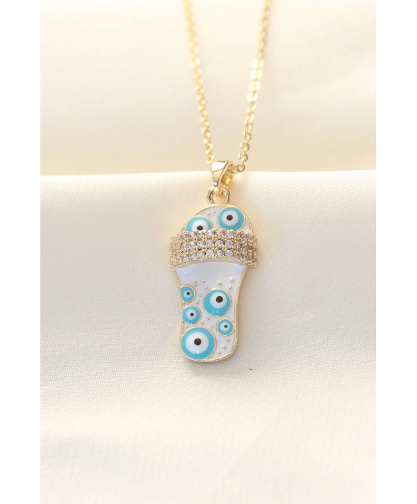 316L Zinciri Çelik Zirkon Taşlı Gold Renk Nazar Boncuklu Terlik Kolye